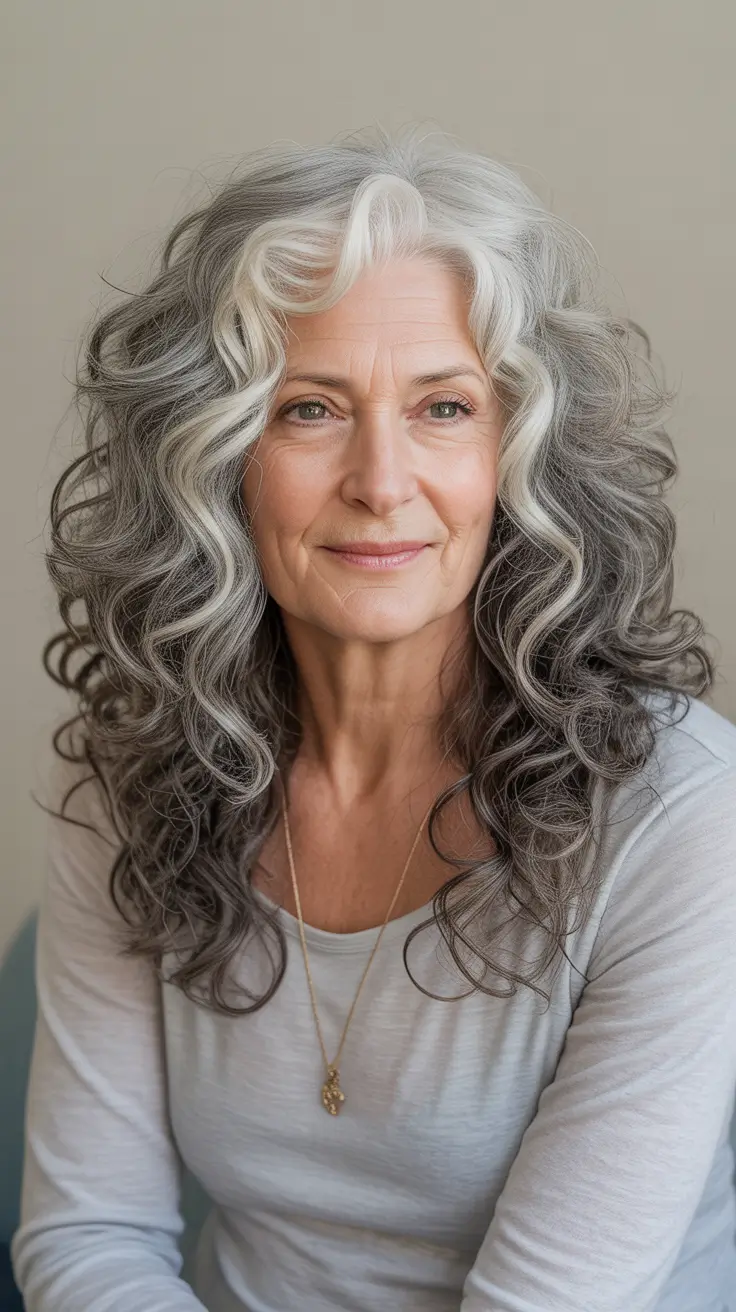 Haircuts for Women Over 50 Voluminous Long Curls With Silver Accents