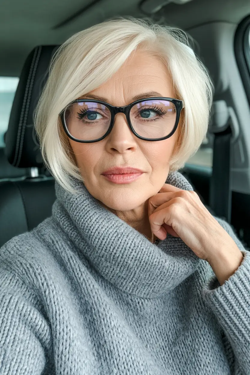 Haircuts for Women Over 60 Soft Platinum Bob With Side-Swept Precision for Glasses