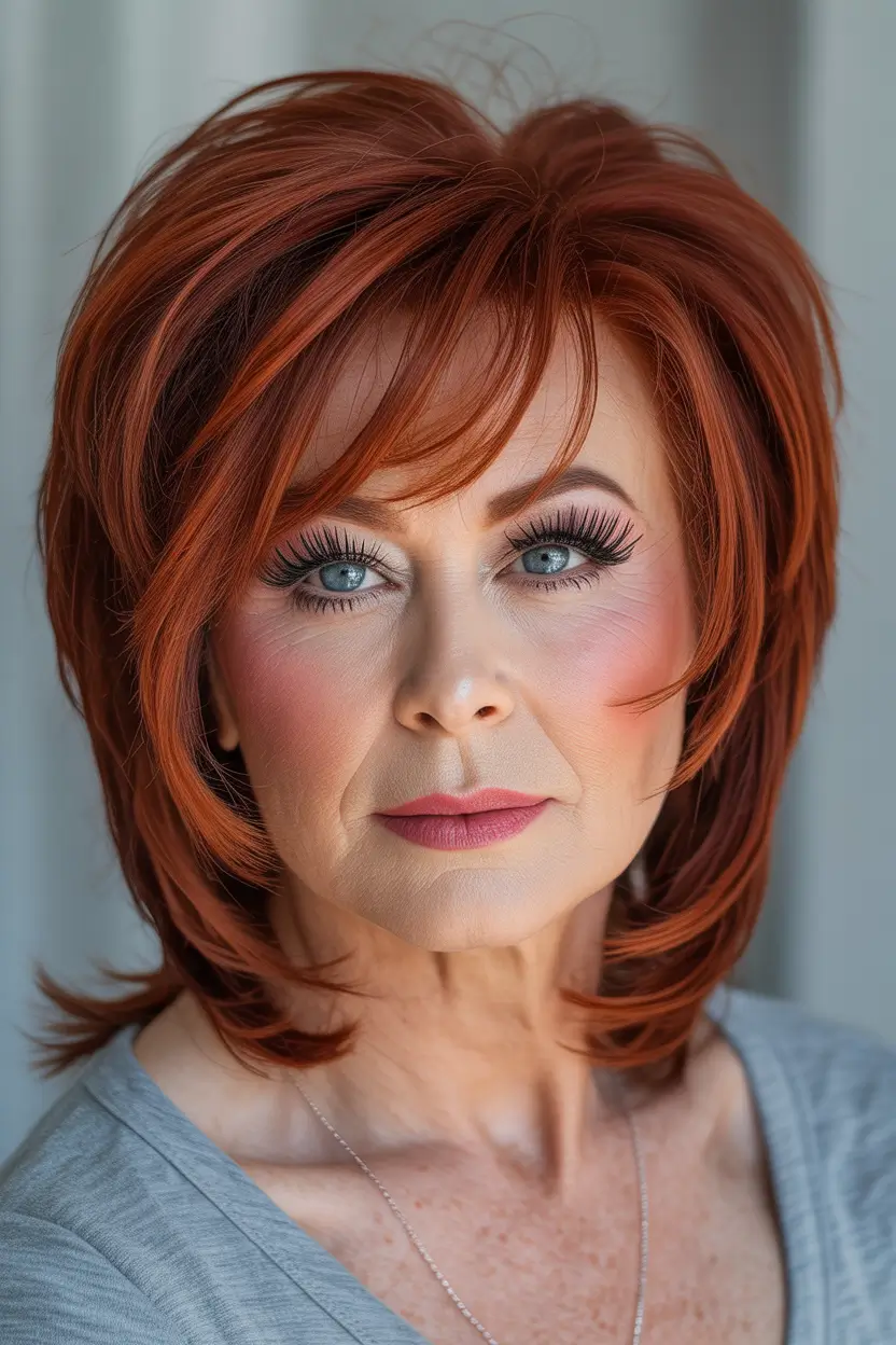 Haircuts for Women Over 60 Layered Voluminous Medium Shag in Radiant Red