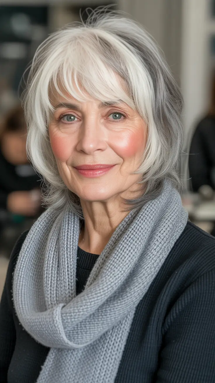 Haircuts for Women Over 60 Soft Gray-and-Silver Medium Shag With Flowing Layers