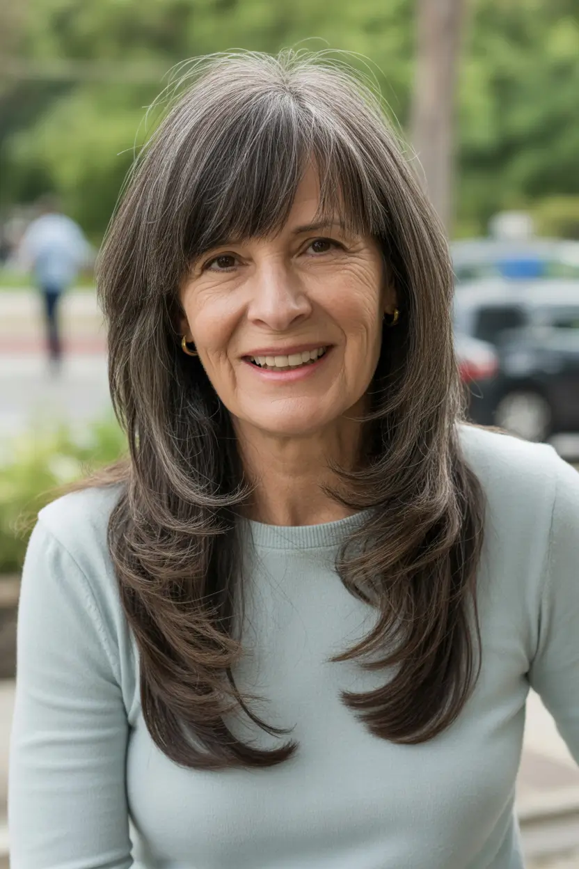 Haircuts for Women Over 60 Long Layered Cut With Full Bangs