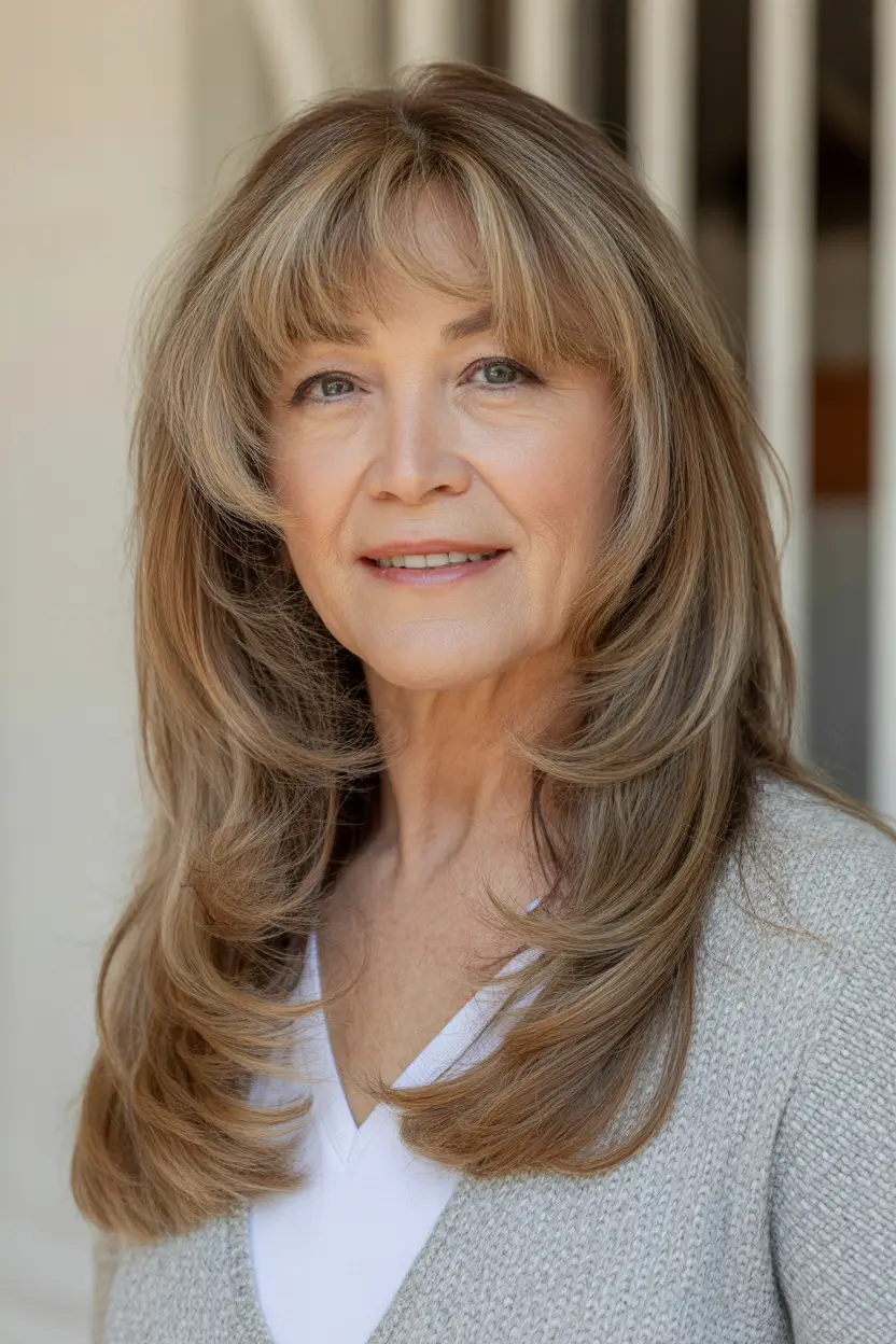 Haircuts for Women Over 60 Warm Honey-Brown Layered Medium Length With Gentle Volume