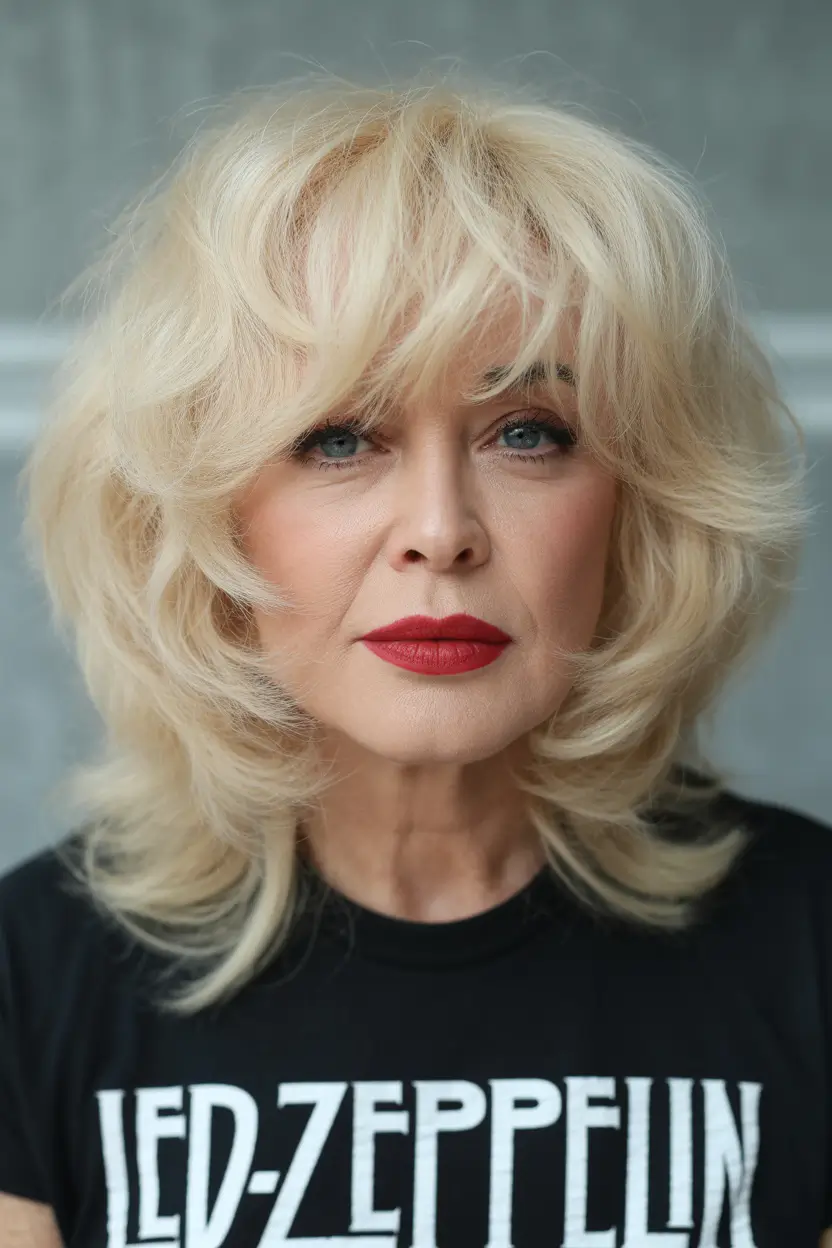 Haircuts for Women Over 60 Rock-Inspired Voluminous Blonde Shag With Soft Edges
