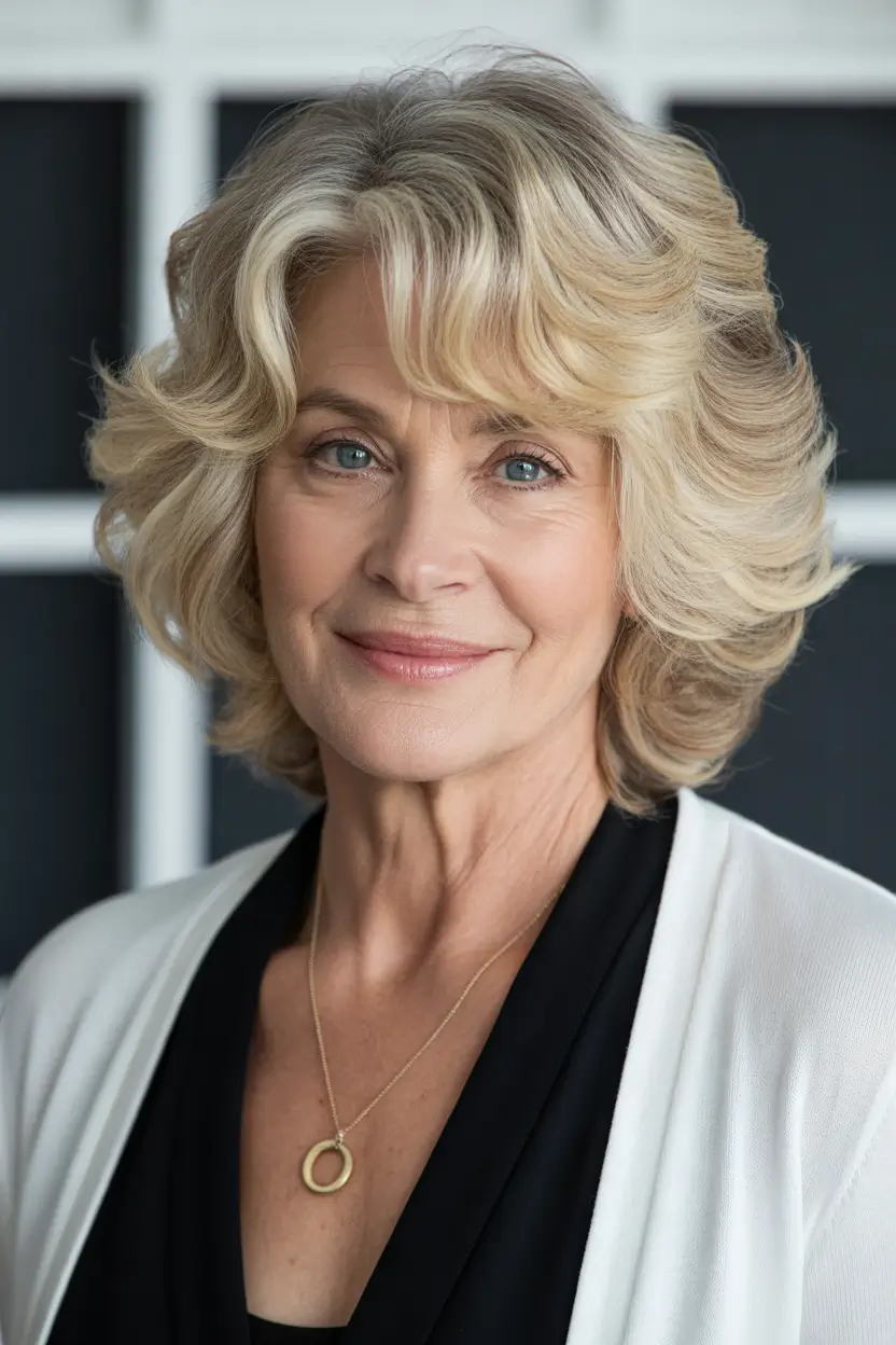 Haircuts for Women Over 60 Curled Golden Blonde Medium Length Layered Bob