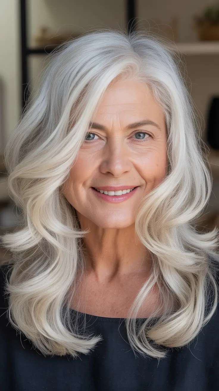Haircuts for Women Over 60 Soft Long Waves With Bright Silver Dimension
