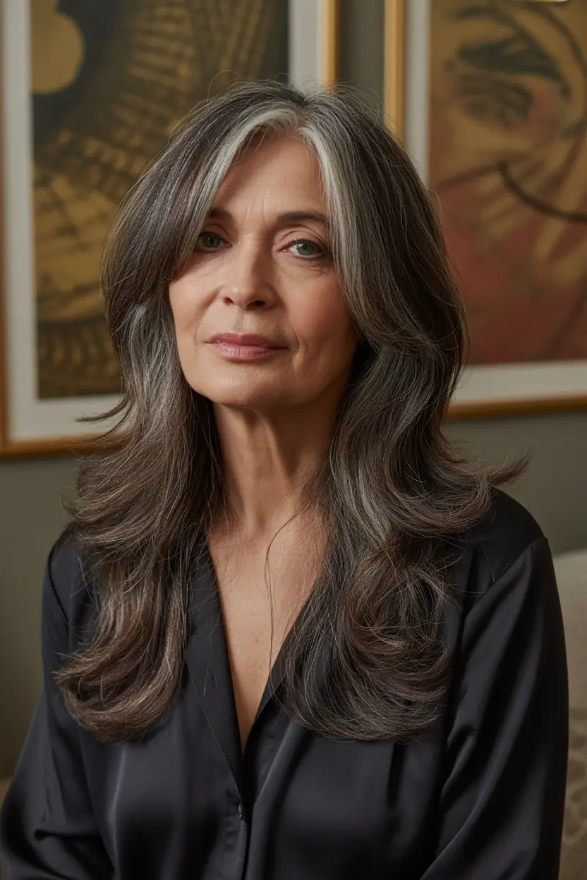 Haircuts for Women Over 60 Deep Silver Layered Cut With Long Flowing Movement