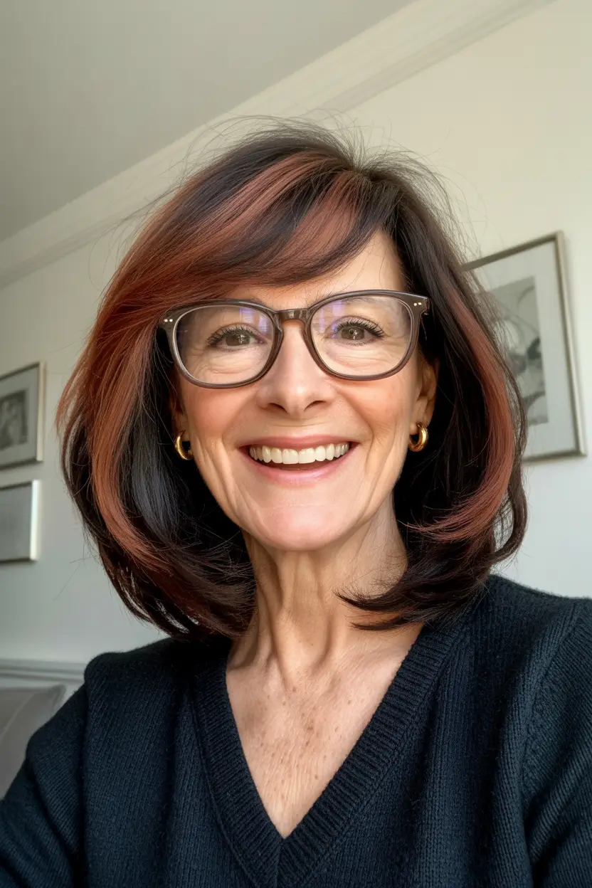 Haircuts for Women Over 60 Layered Chocolate Bob With Copper Highlights and Soft Side Sweep