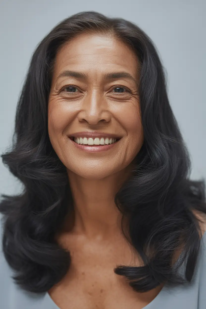 Haircuts for Women Over 60 Glossy Sculpted Waves in a Classic Dark Medium Length