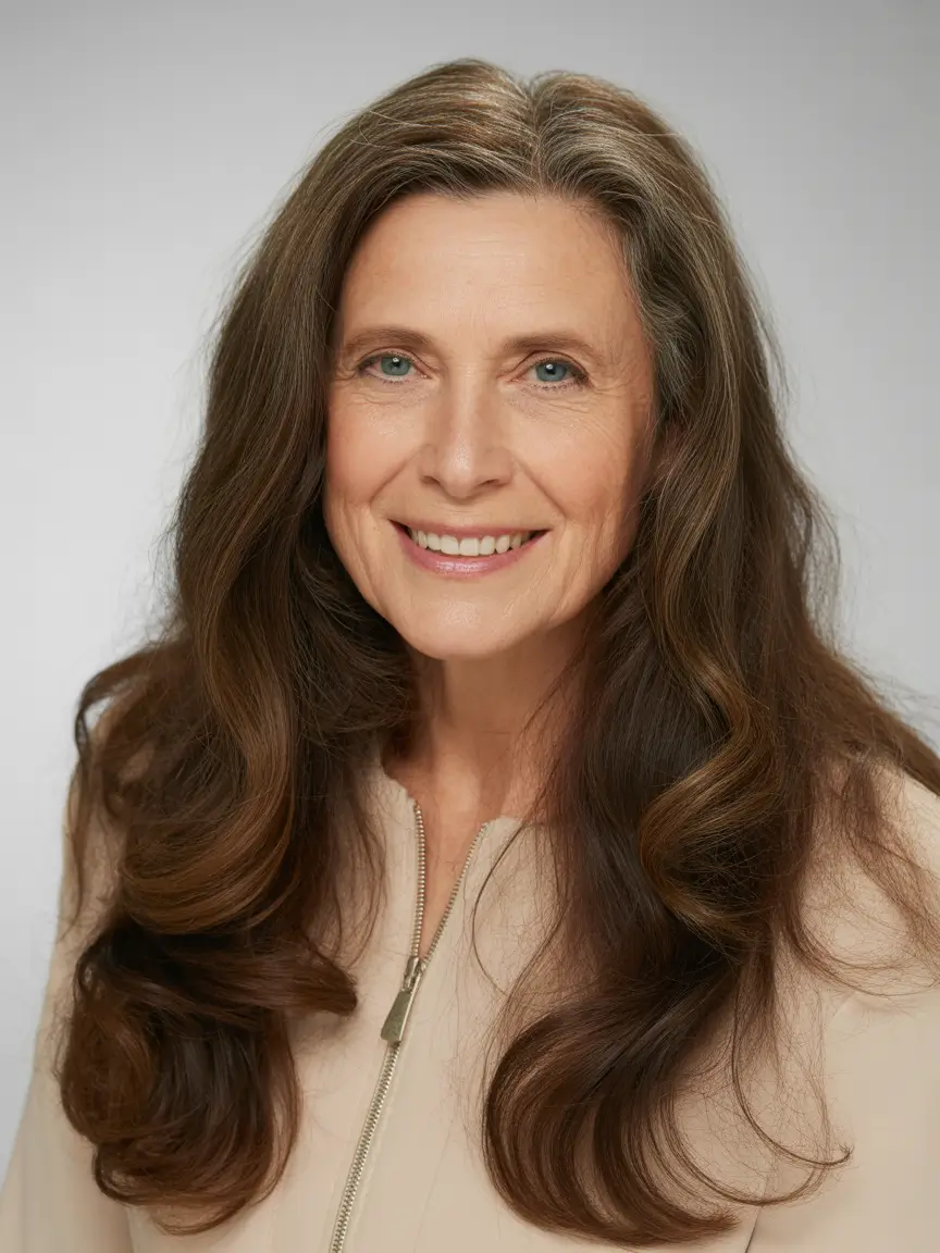 Haircuts for Women Over 60 Rich Chestnut Long Layers With Soft Curled Ends