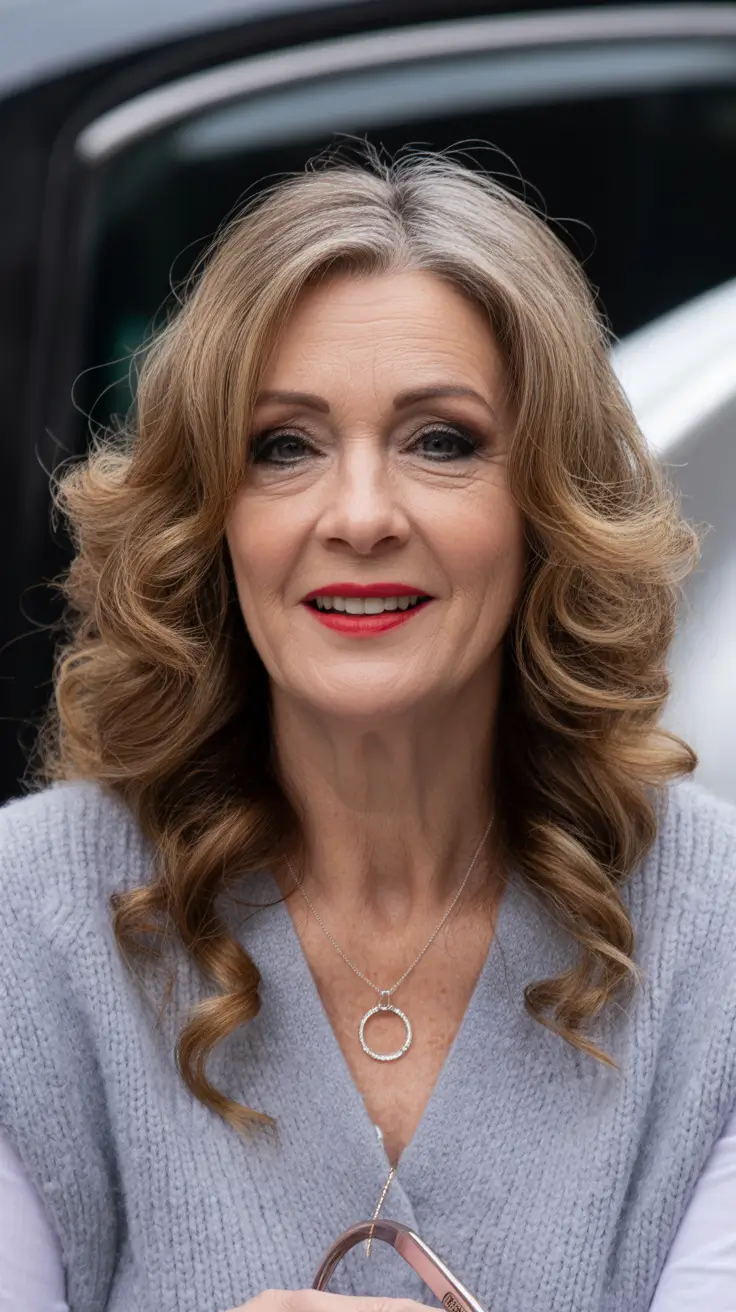 Haircuts for Women Over 60 Voluminous Medium Length Curls With Sunlit Warmth
