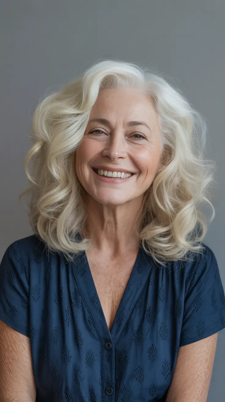 Haircuts for Women Over 60 Soft Creamy Blonde Layered Lob With Playful Body