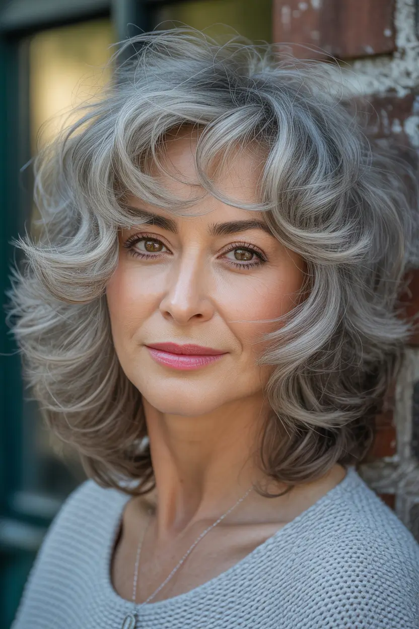 Haircuts for Women Over 60 Voluminous Silver Shag With Layered Movement