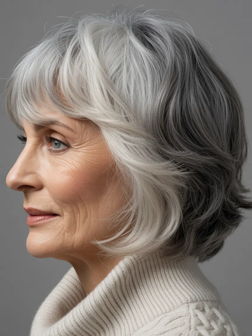 Haircuts for Women Over 60 Softly Layered Silver Bob With Gentle Fringe