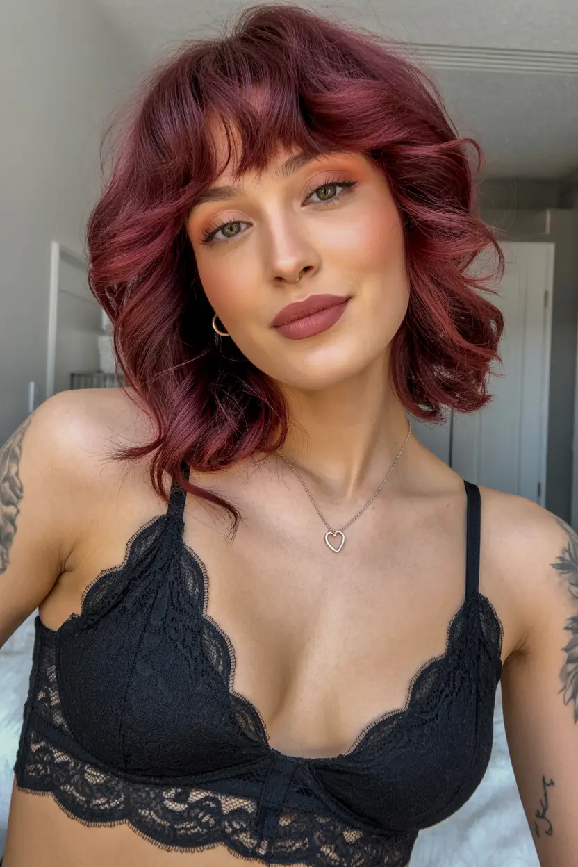 haircuts with bangs Short Curly Crimson Shag With Soft Bangs
