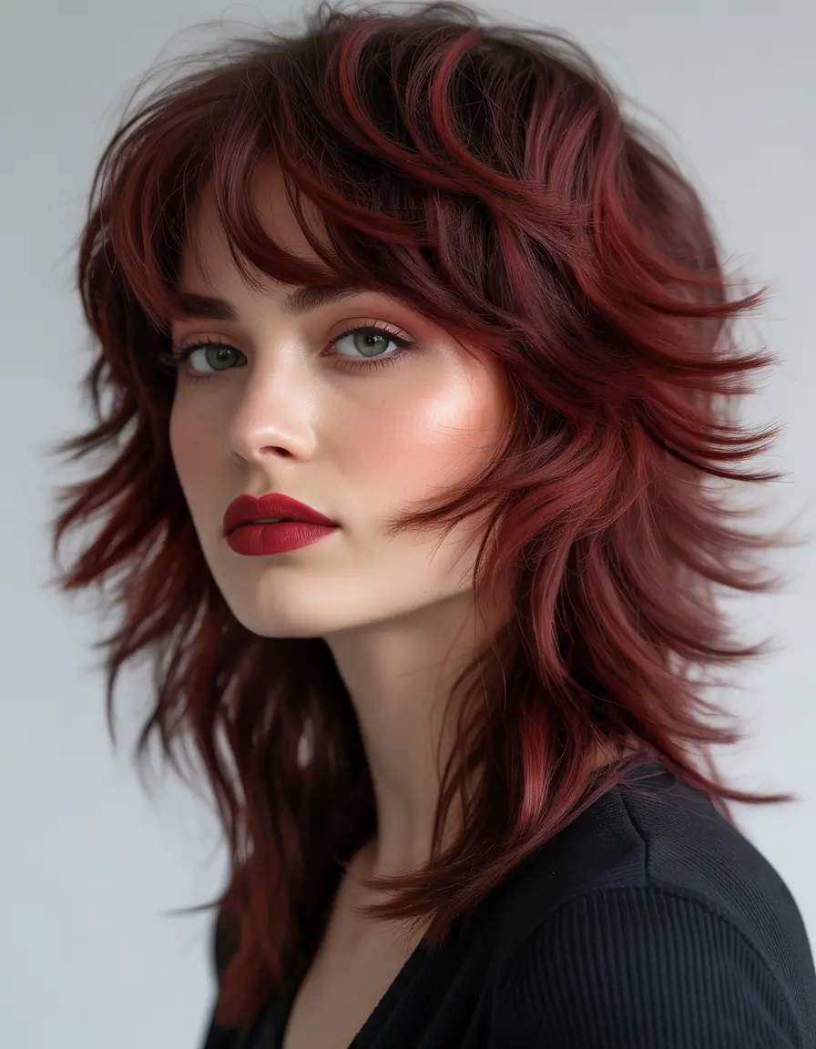 haircuts with bangs Layered Red Wolf Cut With Soft Winged Bangs