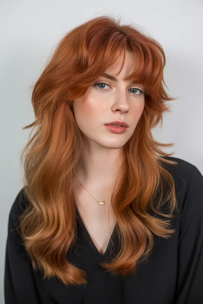 haircuts with bangs Long Ginger Layered Shag With Natural Bangs