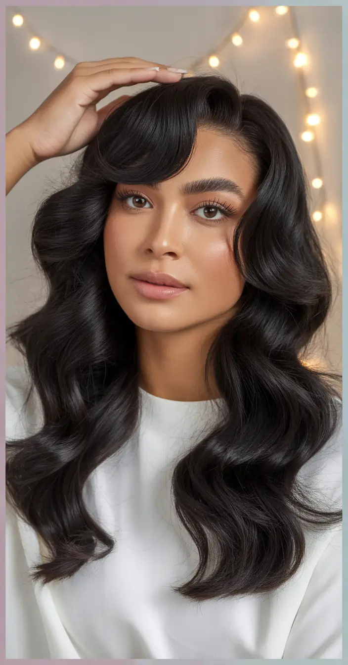 haircuts with bangs Glossy Retro Waves With Sculpted Side Bangs