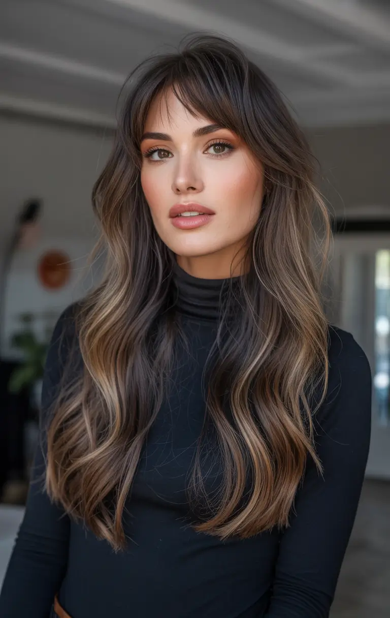 haircuts with bangs Long Layered Brunette Waves With Wispy Curtain Bangs
