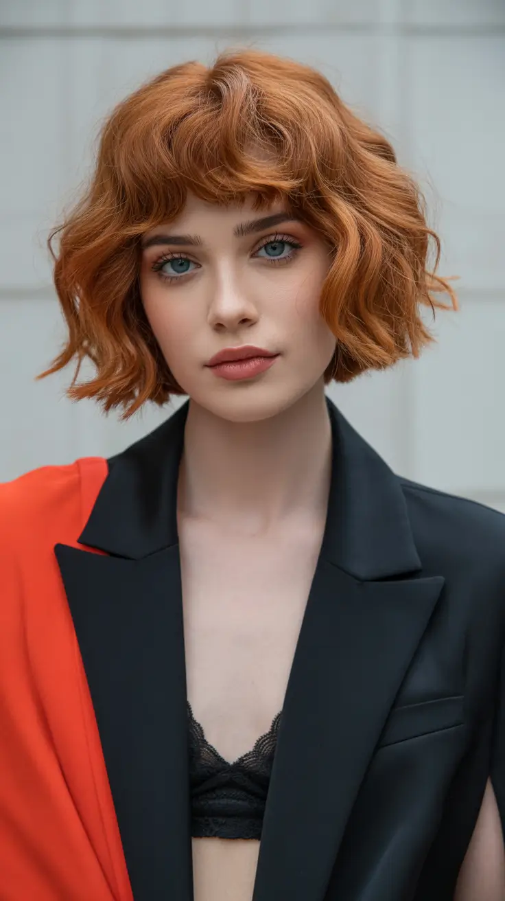 haircuts with bangs Short Wavy Ginger Bob With Playful Micro-Bangs