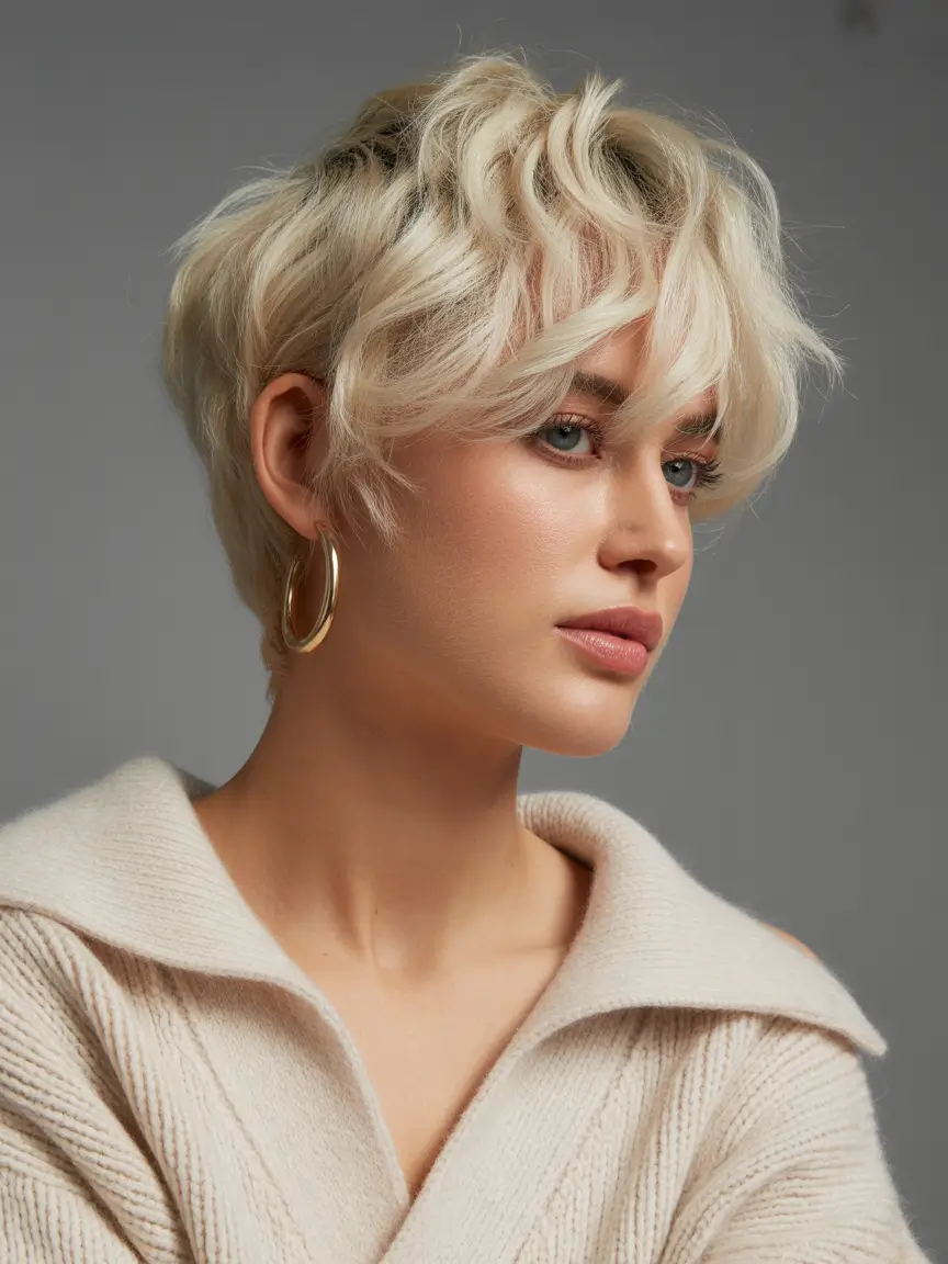 haircuts with bangs Softly Wavy Platinum Pixie With Airy Fringe