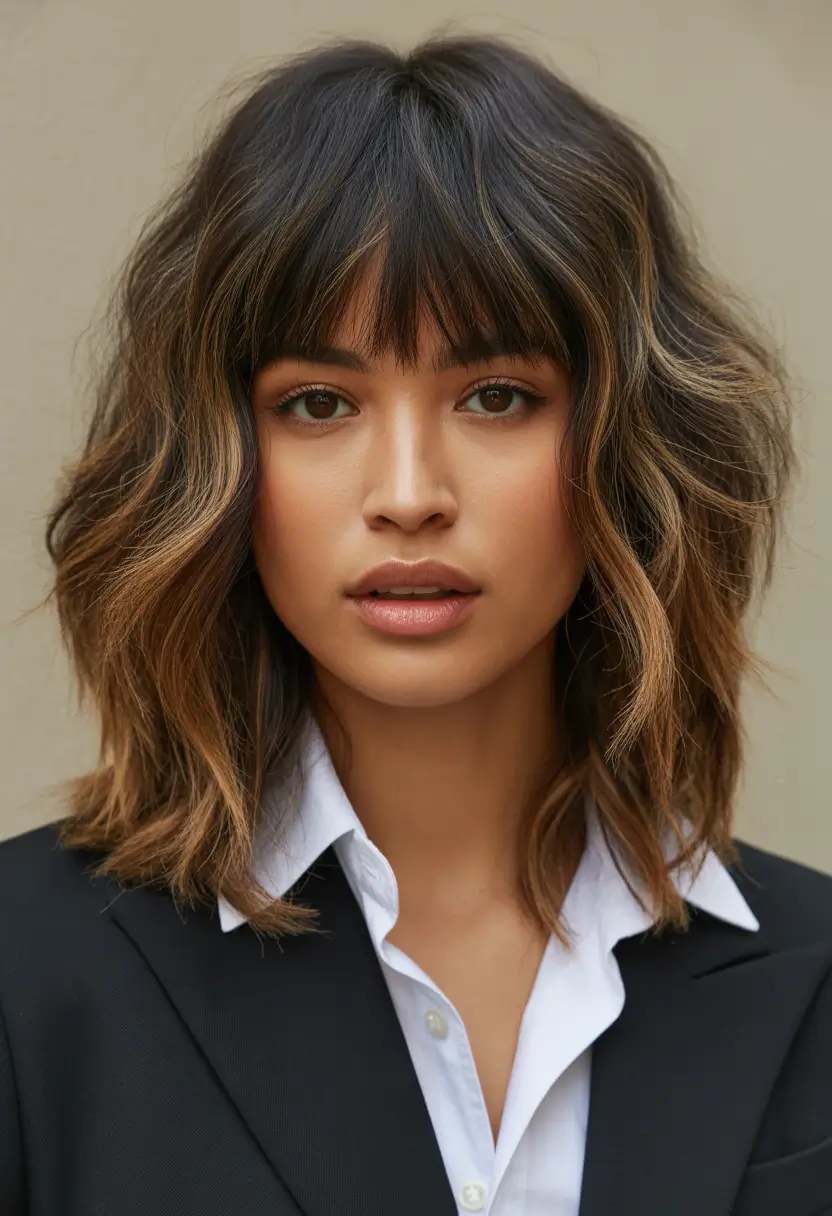 haircuts with bangs Textured Mid-Length Shag With Feathered Bangs