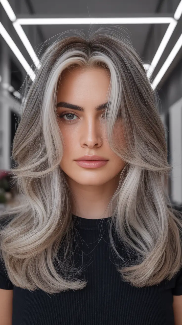 haircuts with bangs Silver Money-Piece Layers With Soft Bangs