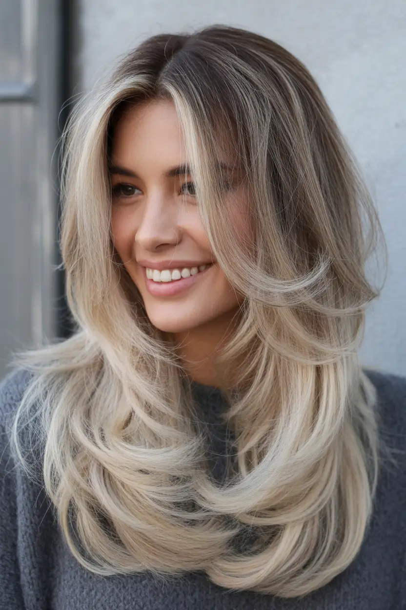 layered haircuts Platinum Melt Layers With Feathered Movement