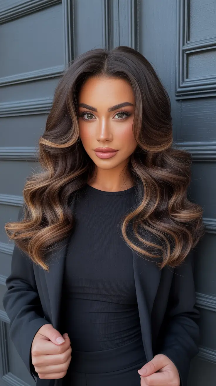 brown hair colors Voluminous Espresso Waves With Caramel Ribbons
