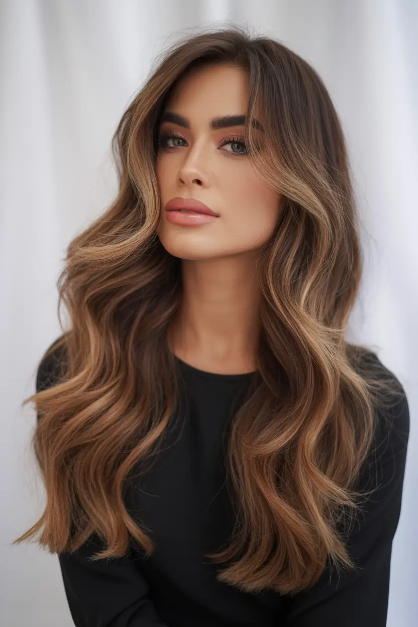 brown hair colors Long Golden Caramel Brunette With Face-Framing Waves