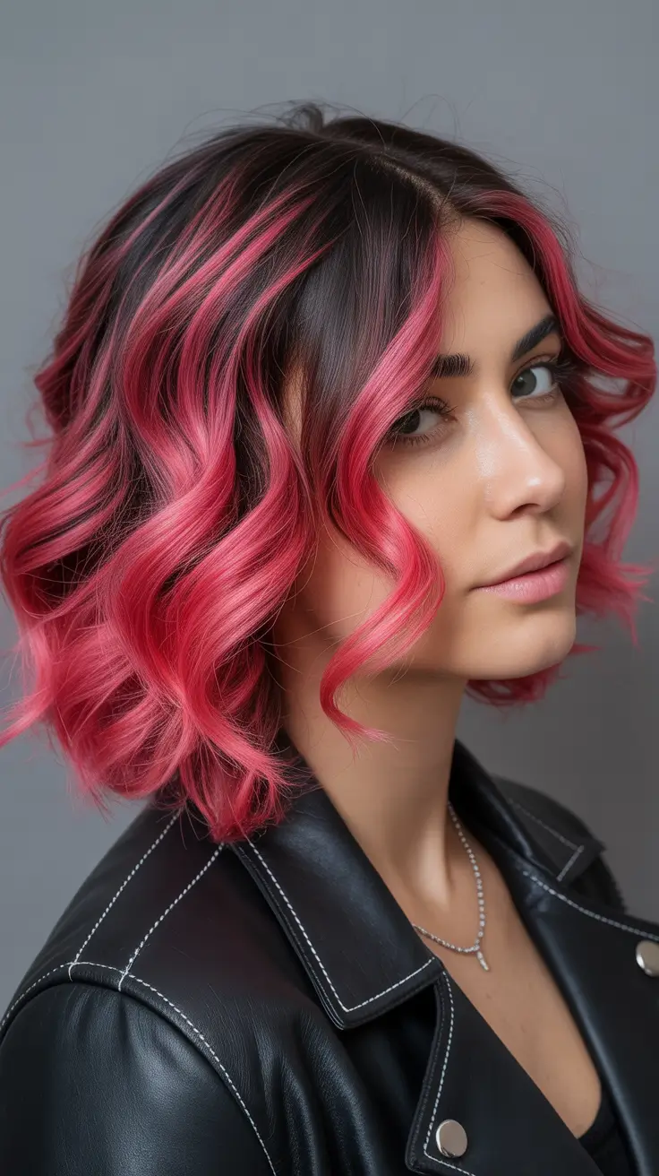 brown hair colors Bold Pink Contrast Waves on a Dark Base