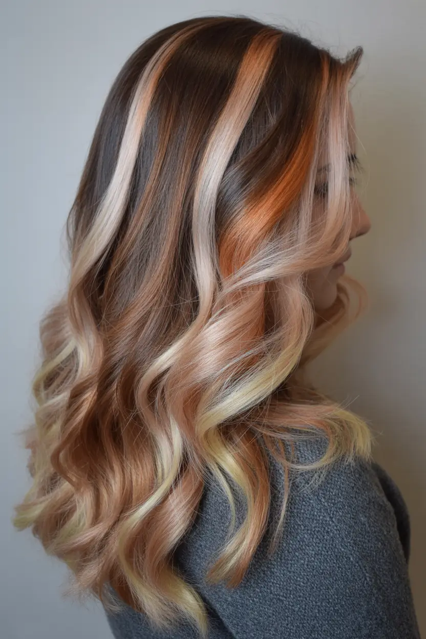 brown hair colors Peachy Caramel Swirl Highlight Blend