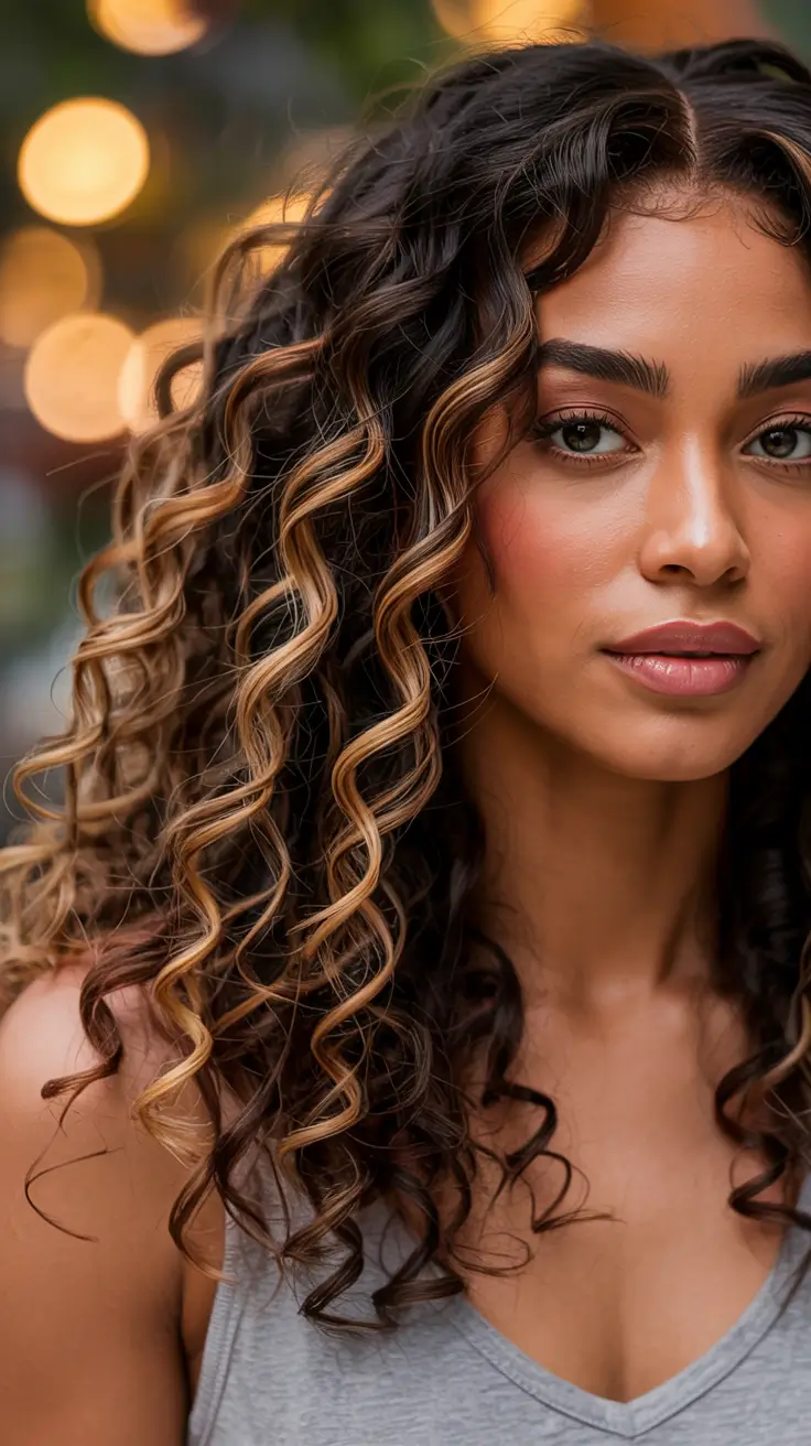 brown hair colors Defined Spiral Curls With Golden-Caramel Ribbons