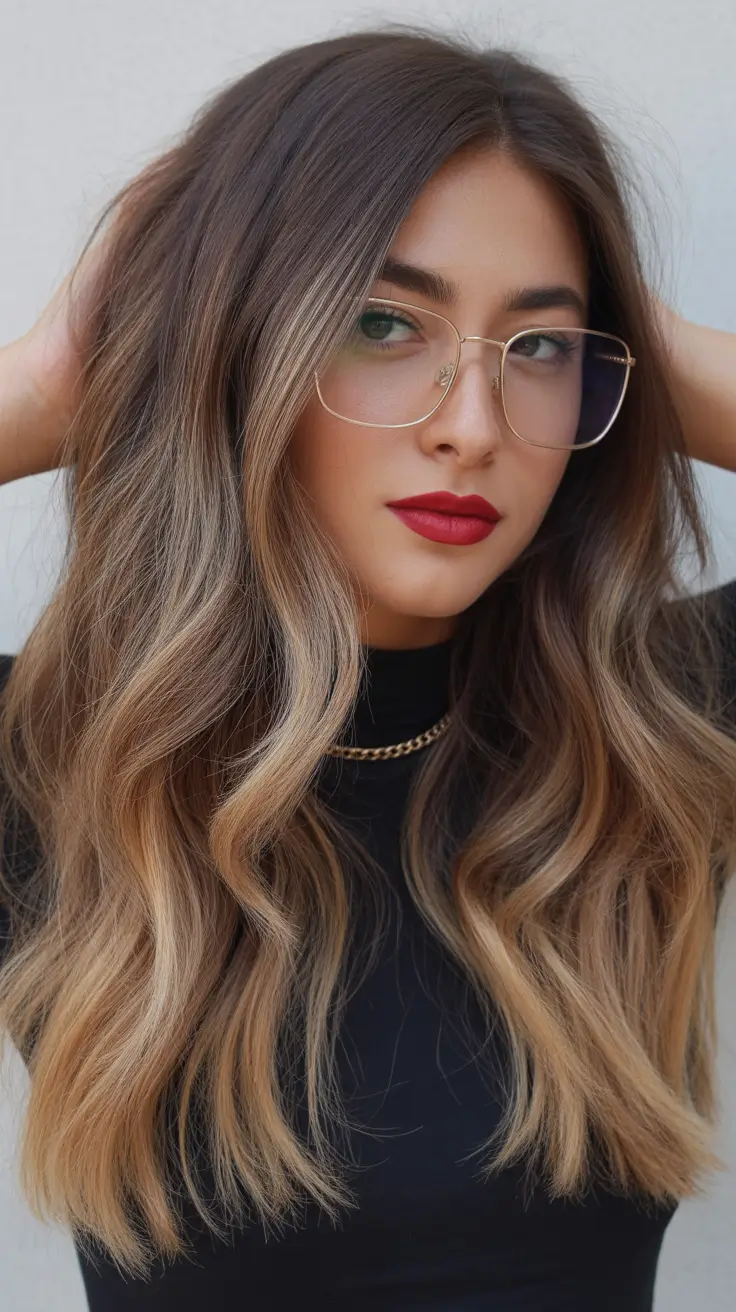 brown hair colors Soft Brunette Balayage With Light Golden Ends