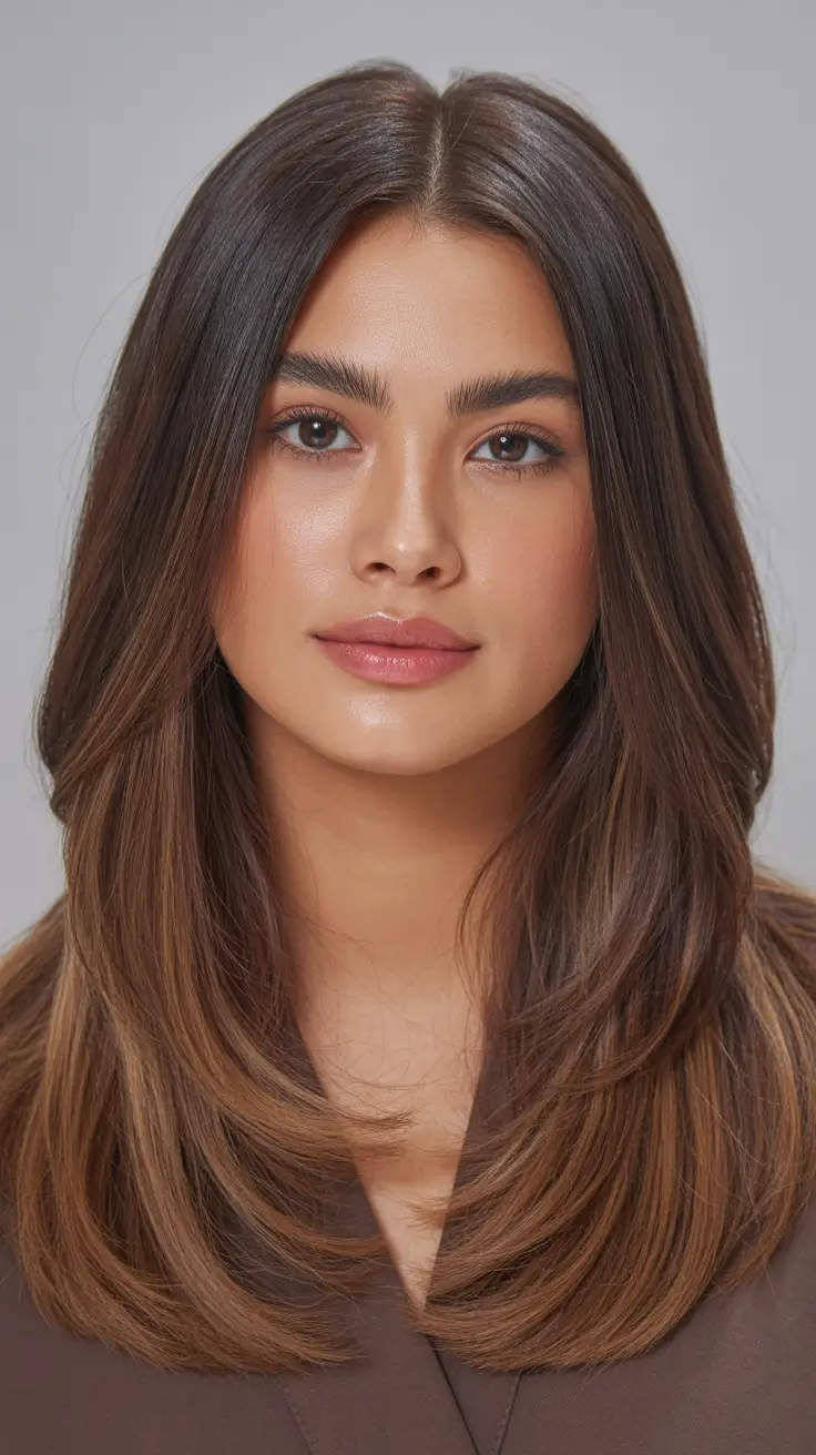 brown hair colors Feathered Medium Brown With Soft Contouring