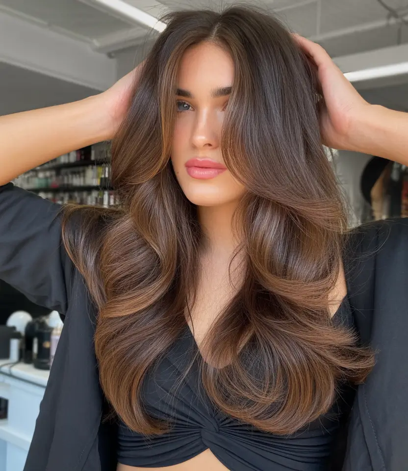 brown hair colors Voluminous Blowout in Warm Chocolate Layers
