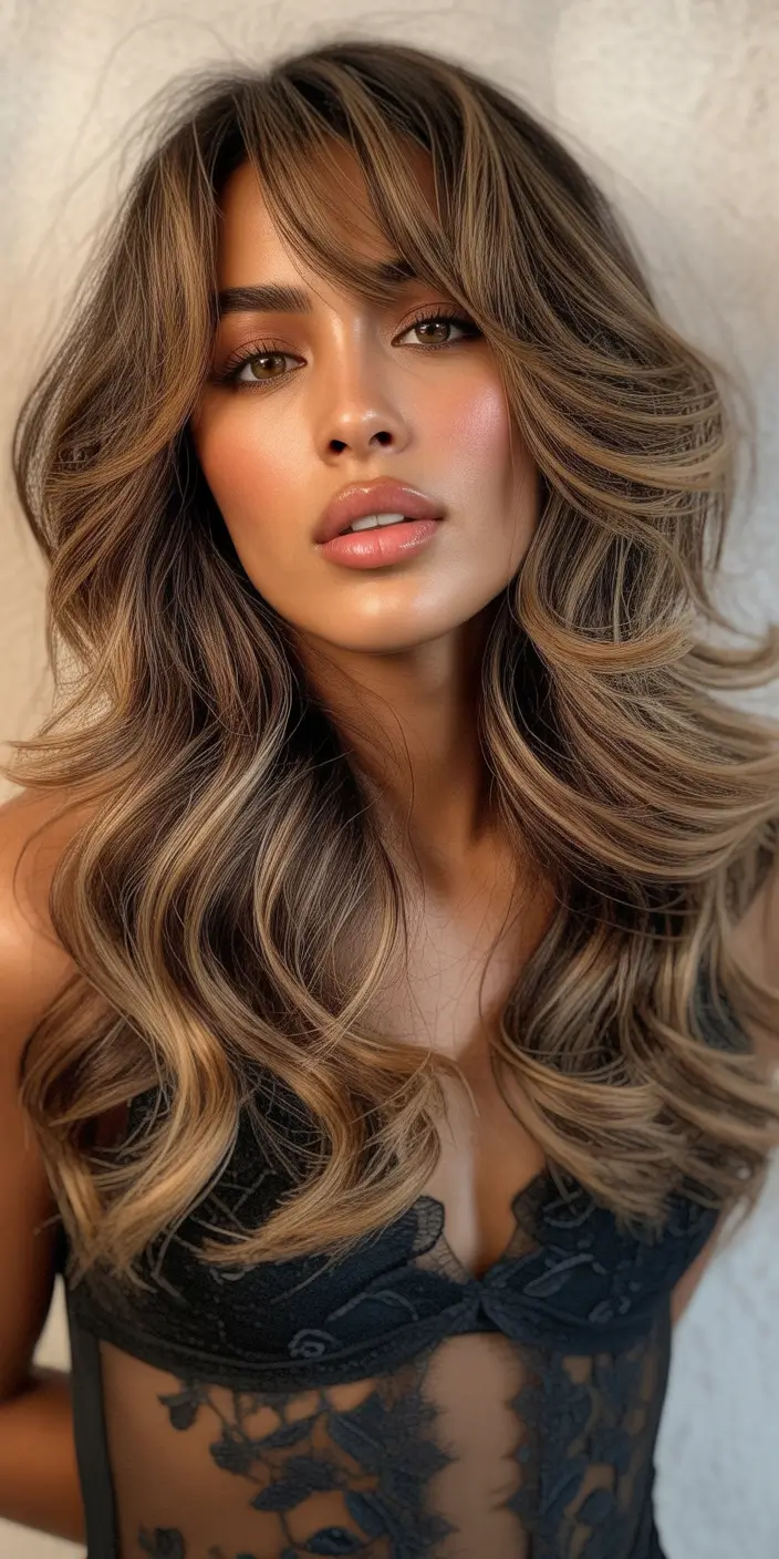 brown hair colors Layered Honey-Caramel Waves With Soft Curtain Fringe