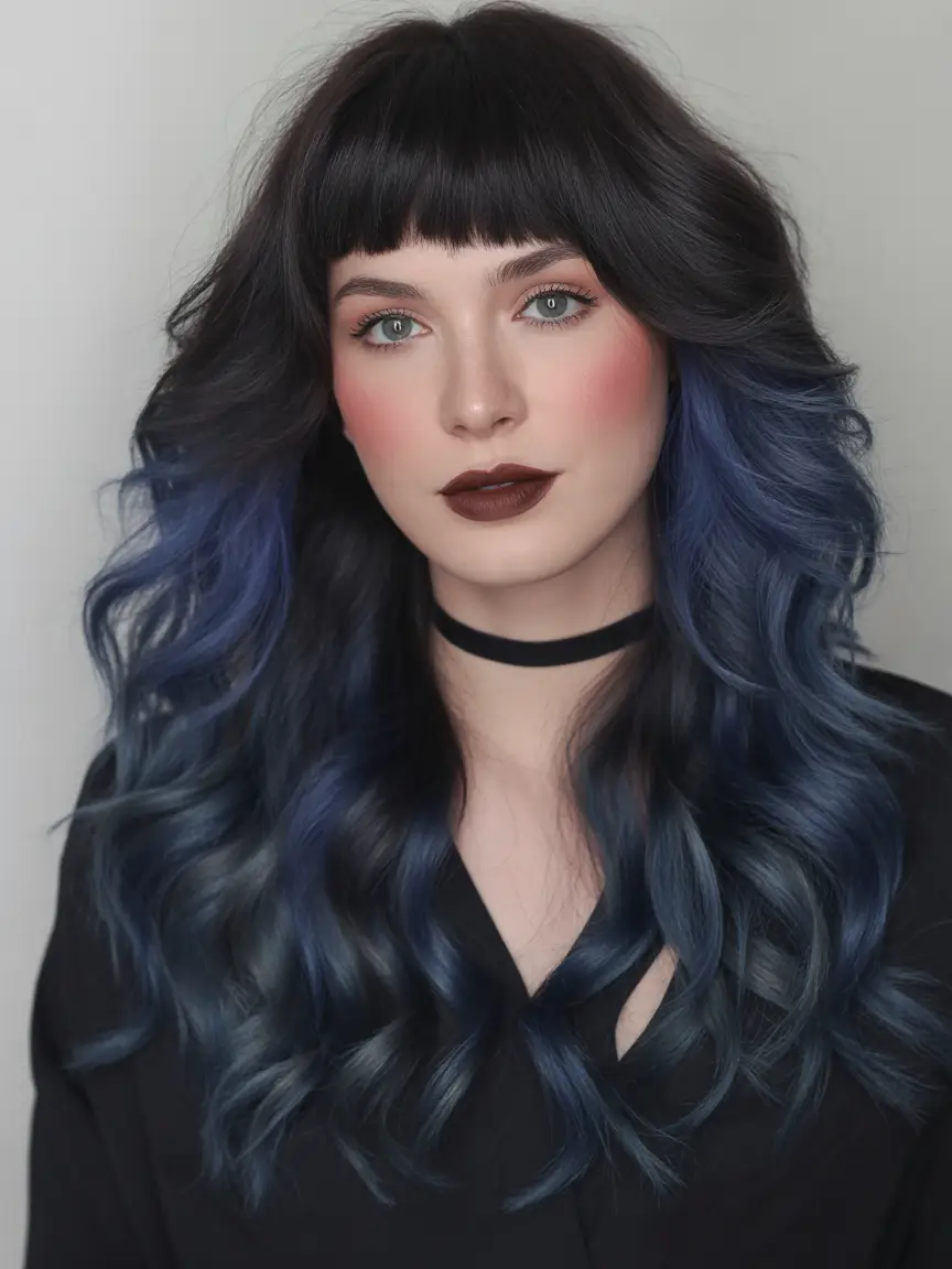 brunette hair color 2026 trends Midnight Waves With Icy-Blue Depth
