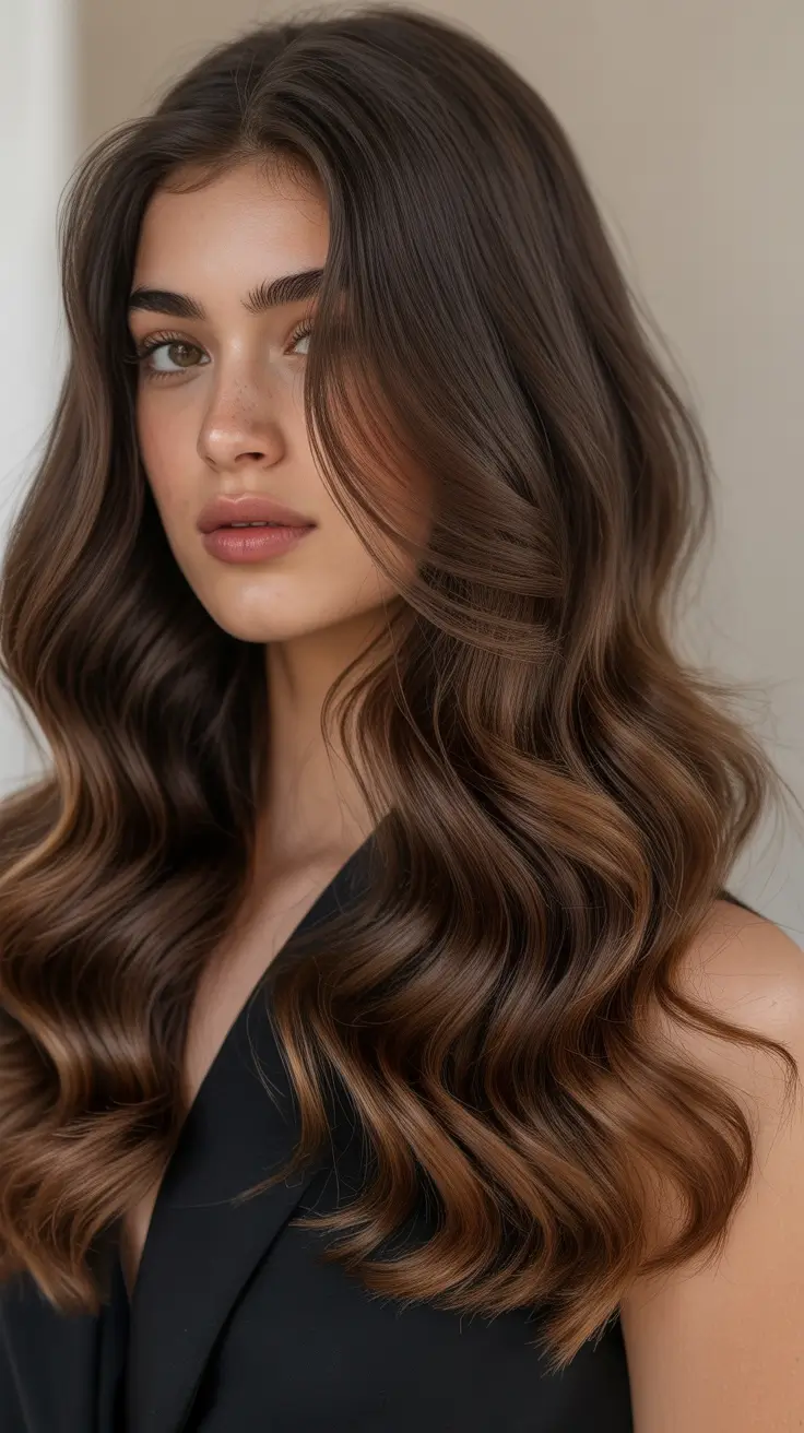 brunette hair color 2026 trends Velvet Brunette With Soft Chocolate Waves