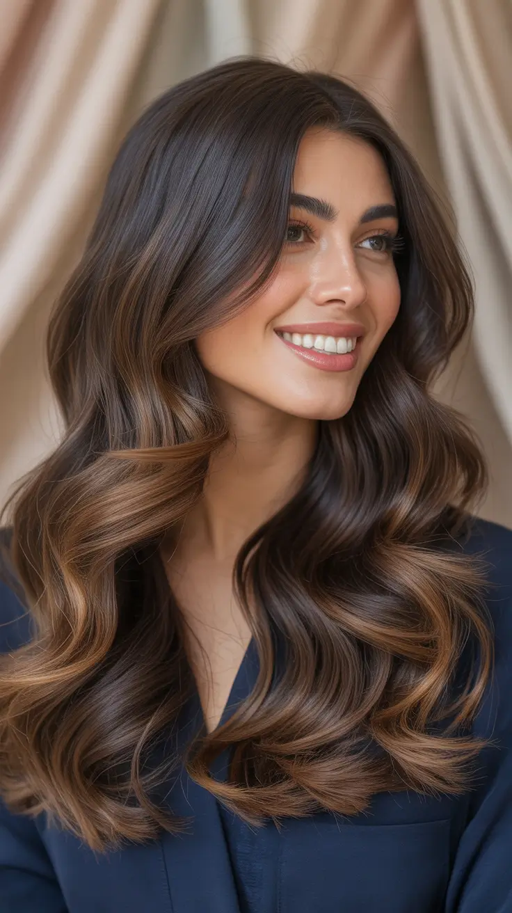 brunette hair color 2026 trends Brunette With Golden-Caramel Flowing Dimension