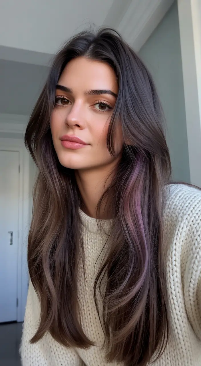 brunette hair color 2026 trends Long Brunette Layers With Soft Lavender Whisper
