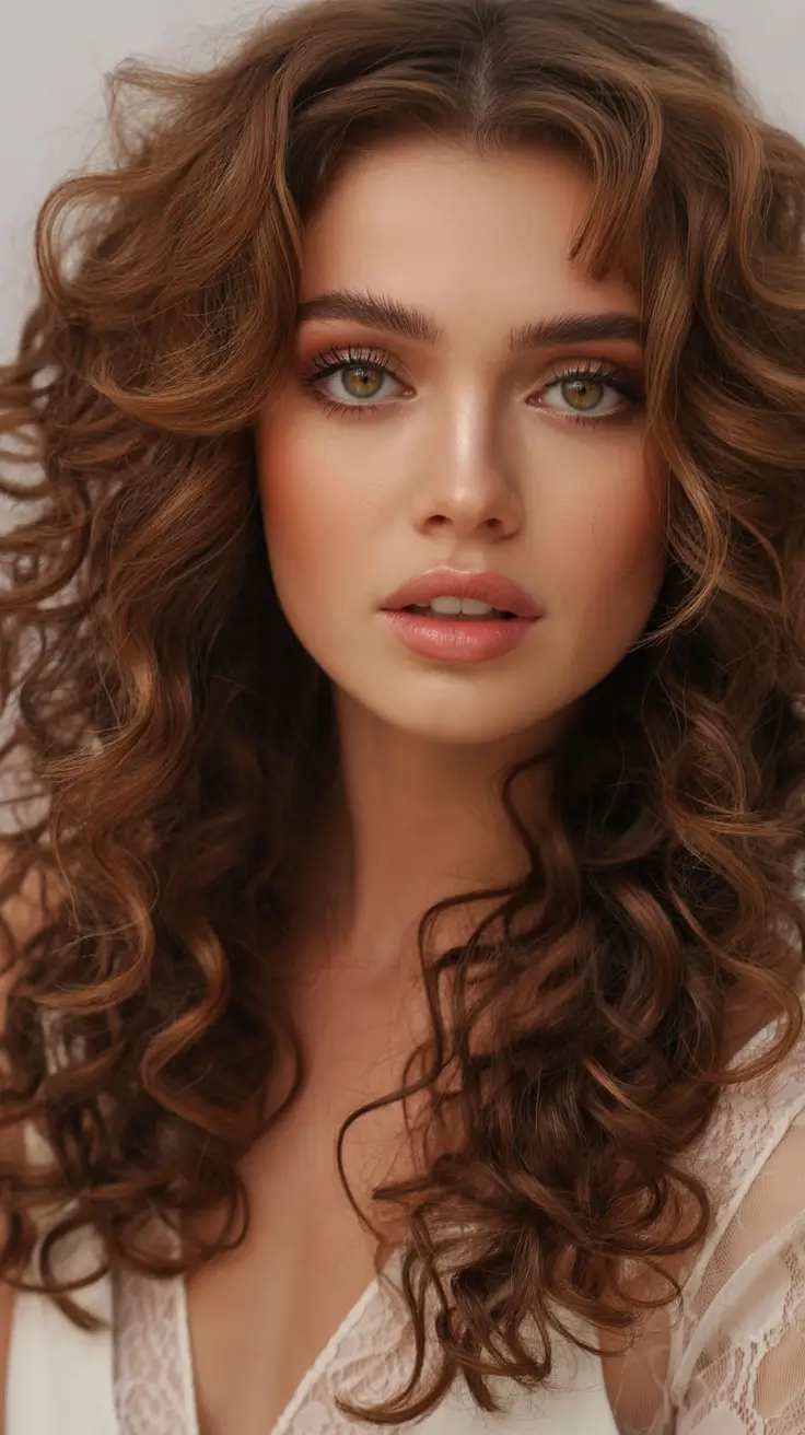 brunette hair color 2026 trends Toffee Brunette Curls With Luminous Warmth