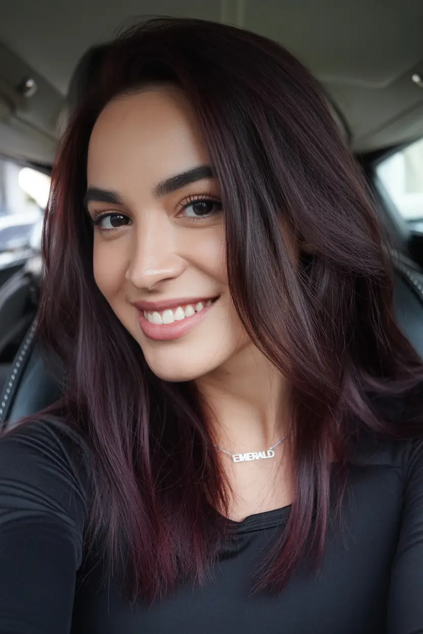 brunette hair color 2026 trends Mulberry-Brown Brunette With Deep Berry Glow