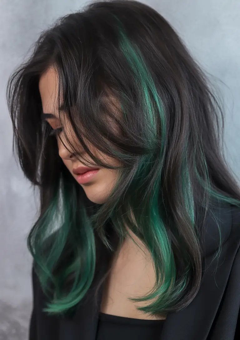 brunette hair color 2026 trends Dark Brunette With Emerald Money-Piece Glow