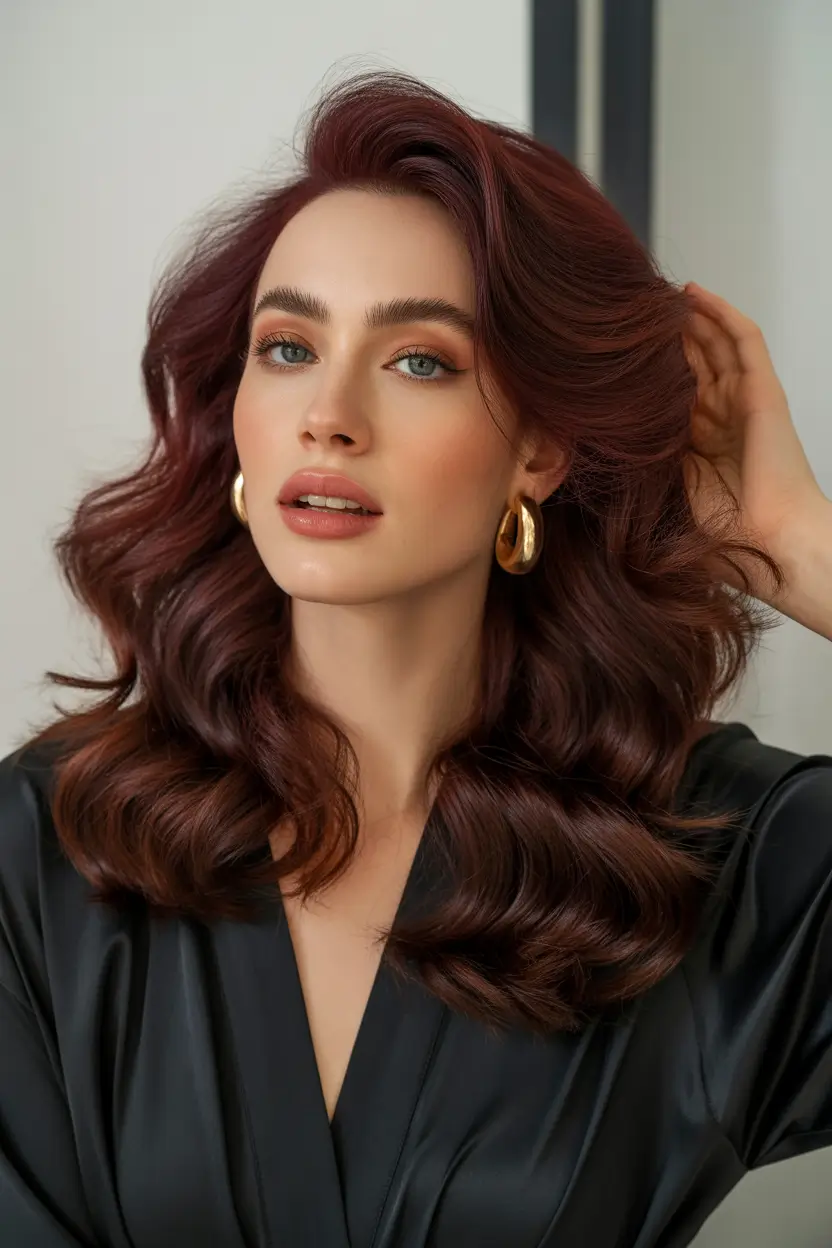 brunette hair color 2026 trends Deep Merlot Brunette With Polished Waves