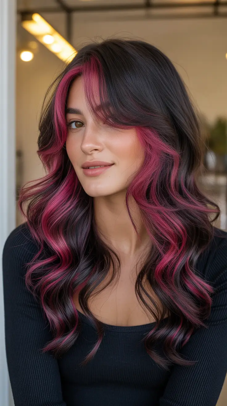 brunette hair color 2026 trends Vivid Magenta Contrast on Deep Brunette
