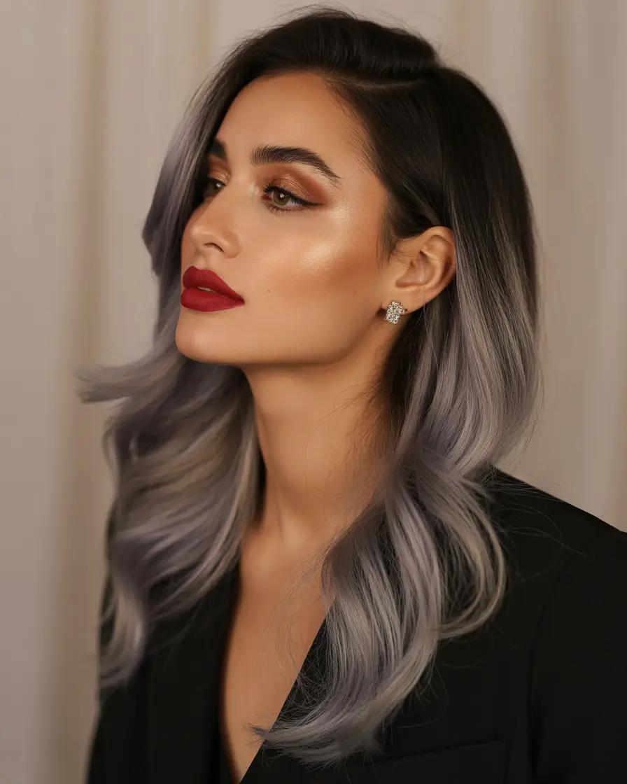 brunette hair color 2026 trends Soft Smoky-Lilac Ombre on Dark Roots
