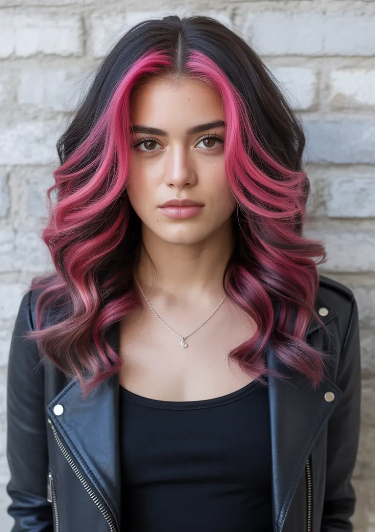 brunette hair color 2026 trends Vibrant Berry-Pink Money-Piece on Deep Brunette