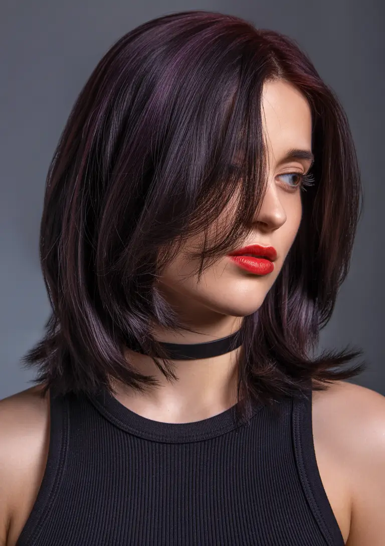 brunette hair color 2026 trends Layered Brunette Bob With Mulberry Sheen