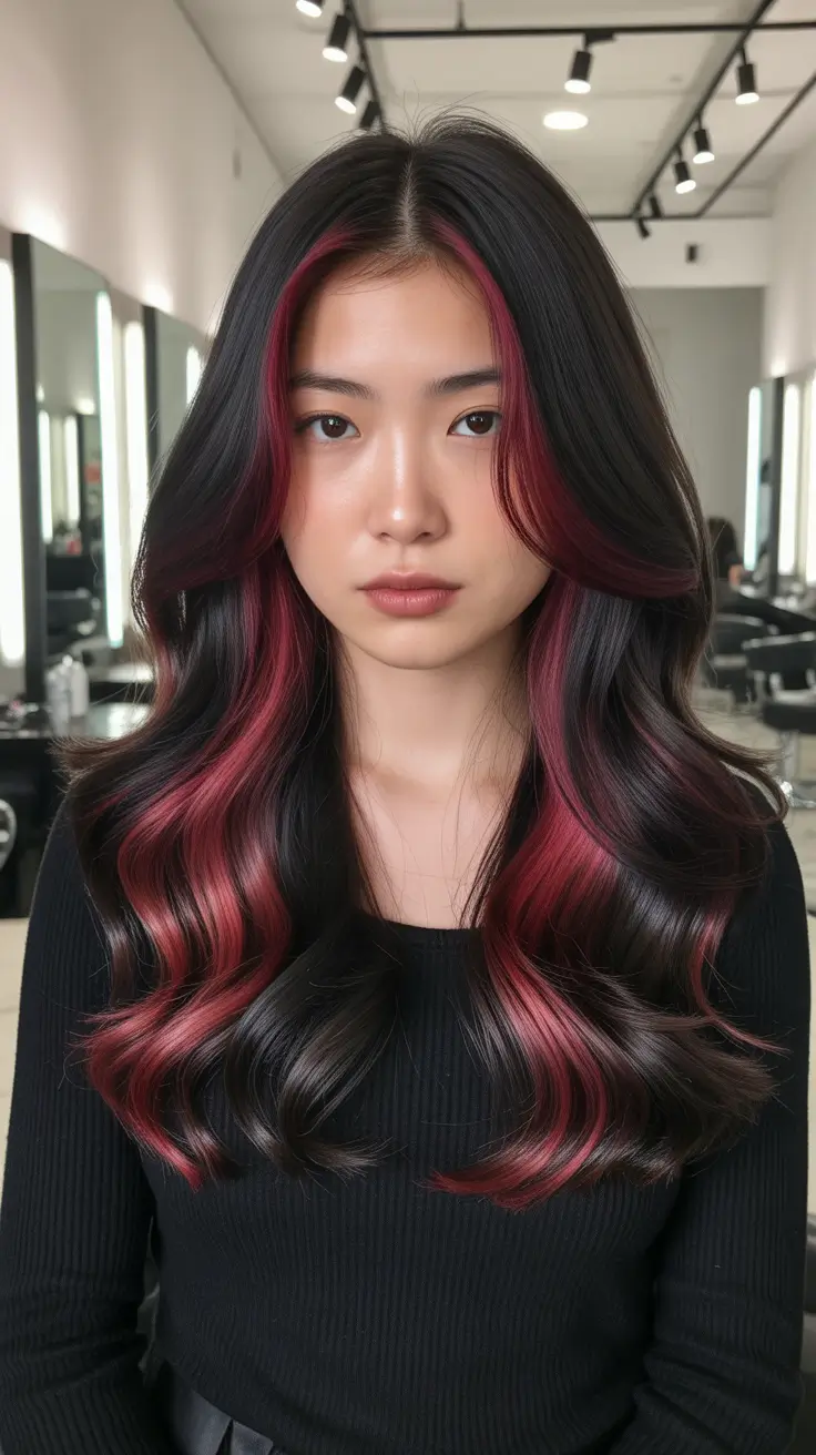 brunette hair color 2026 trends Brunette With Crimson Ribbon Dimension