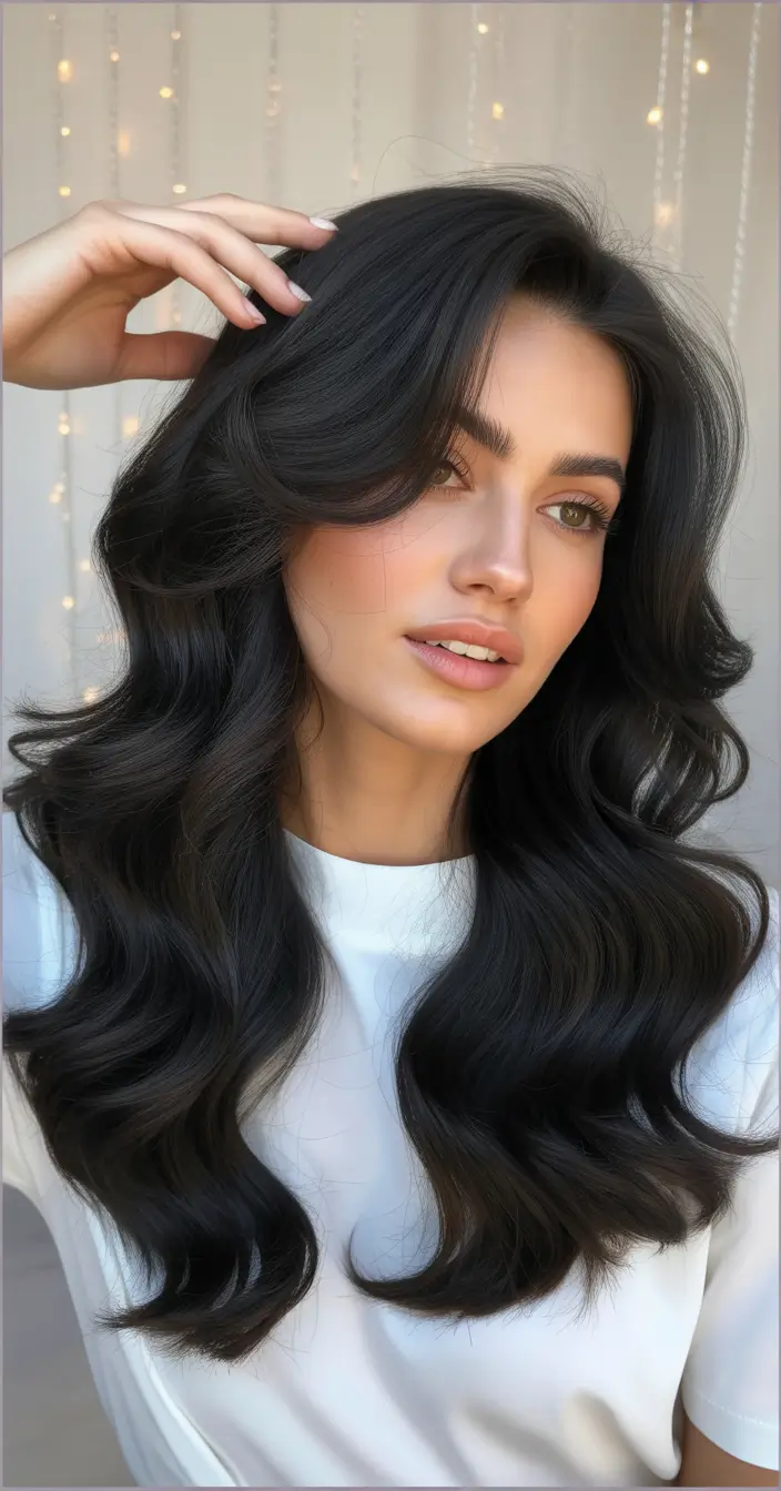 brunette hair color 2026 trends Glossy Deep Brunette With Soft Voluminous Waves
